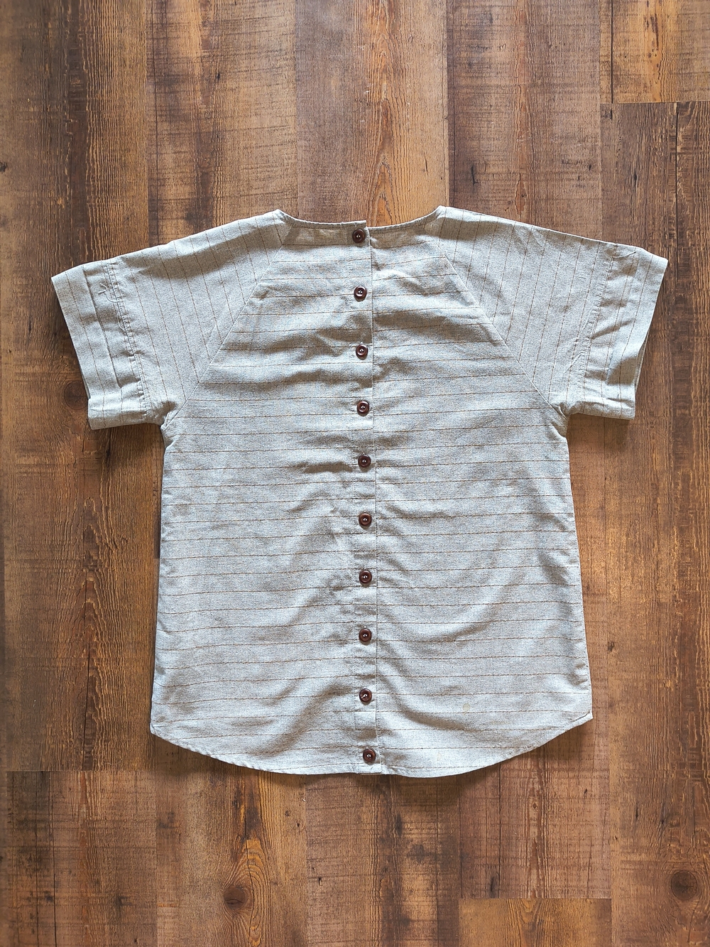 Utility Brand Gray Light Brown Striped Button-Back Short Sleeved Blouse Size S